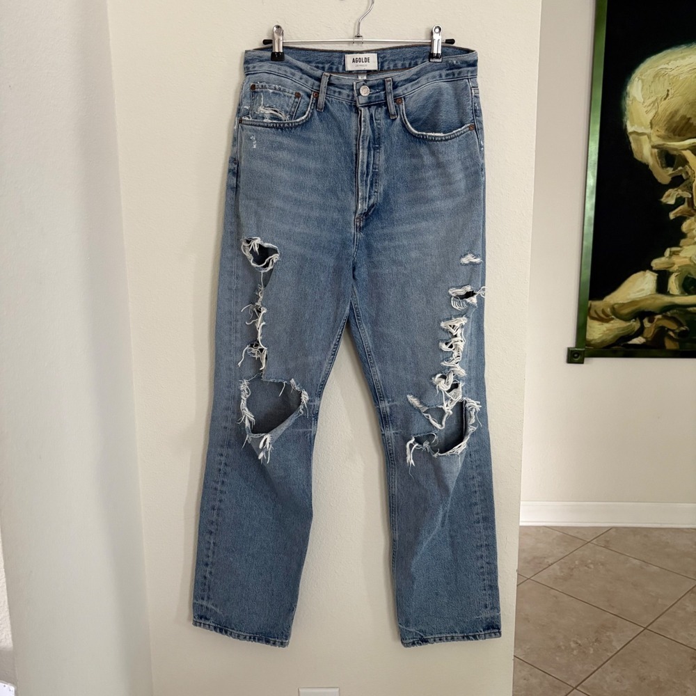 AGOLDE 90s Mid Rise Loose Fit Distressed Jeans Size 27 Light Wash Denim - Picture 3 of 9